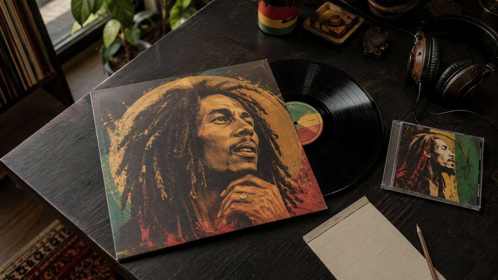 ボブ・マーリーを描いたジャケットとレコード、CDが並ぶリスニングルーム