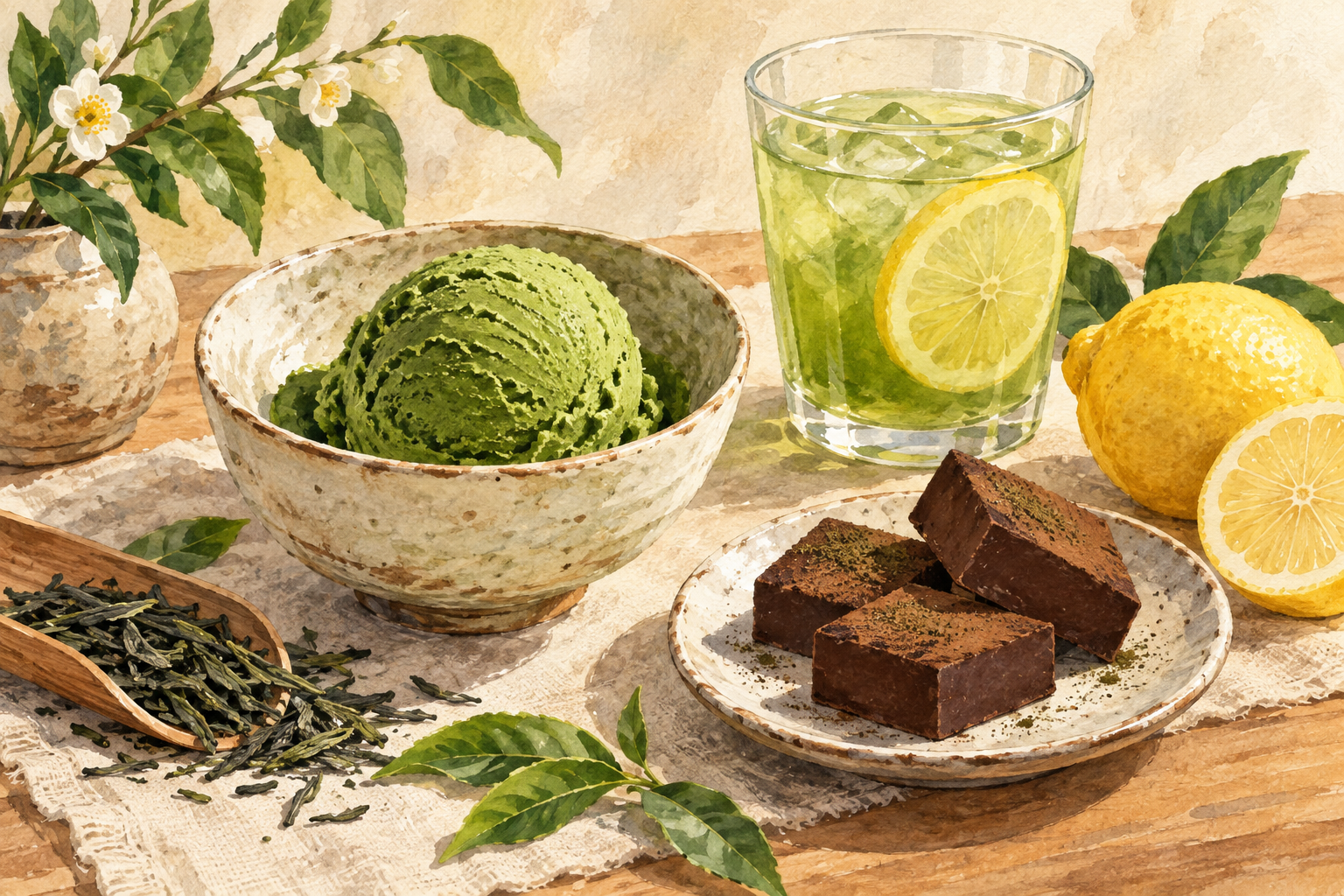 抹茶ジェラート、ほうじ茶チョコレート、レモンと緑色のお茶を描いたAI生成のイメージイラスト